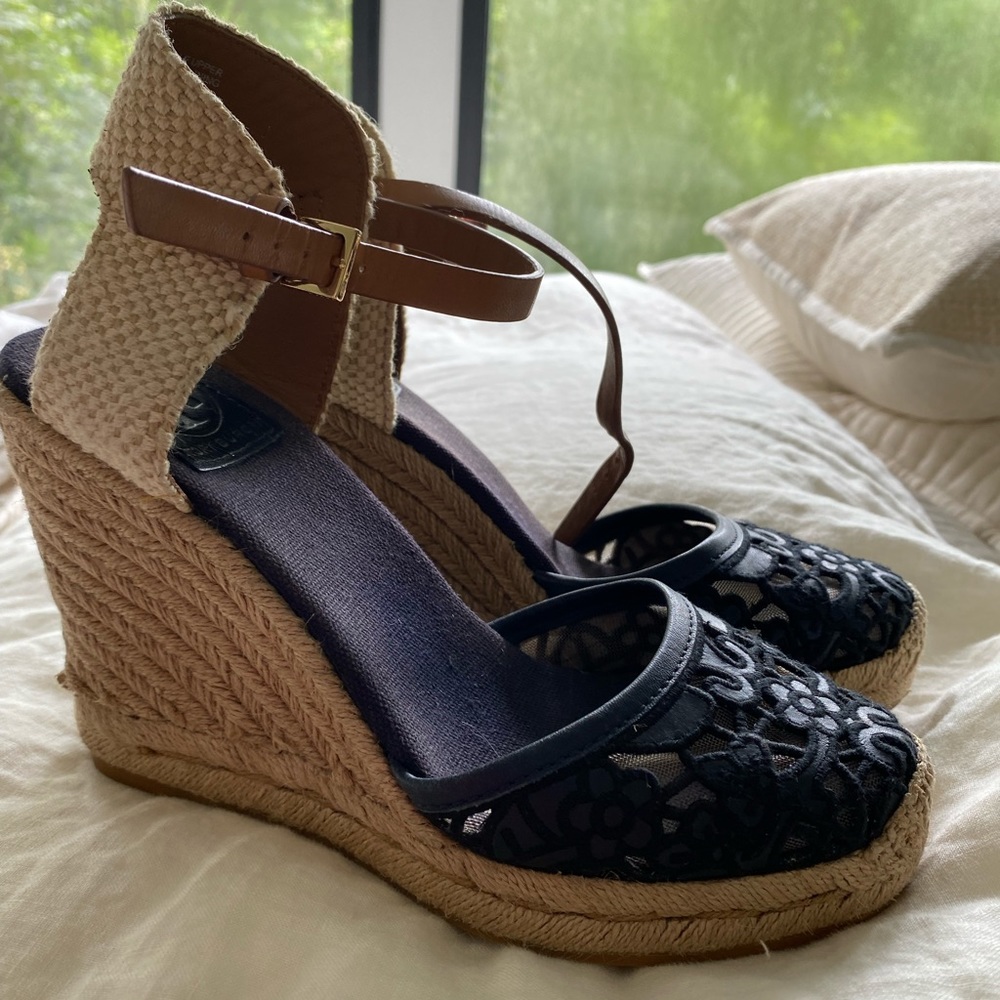 Troy Burch navy espadrille sandal wedges